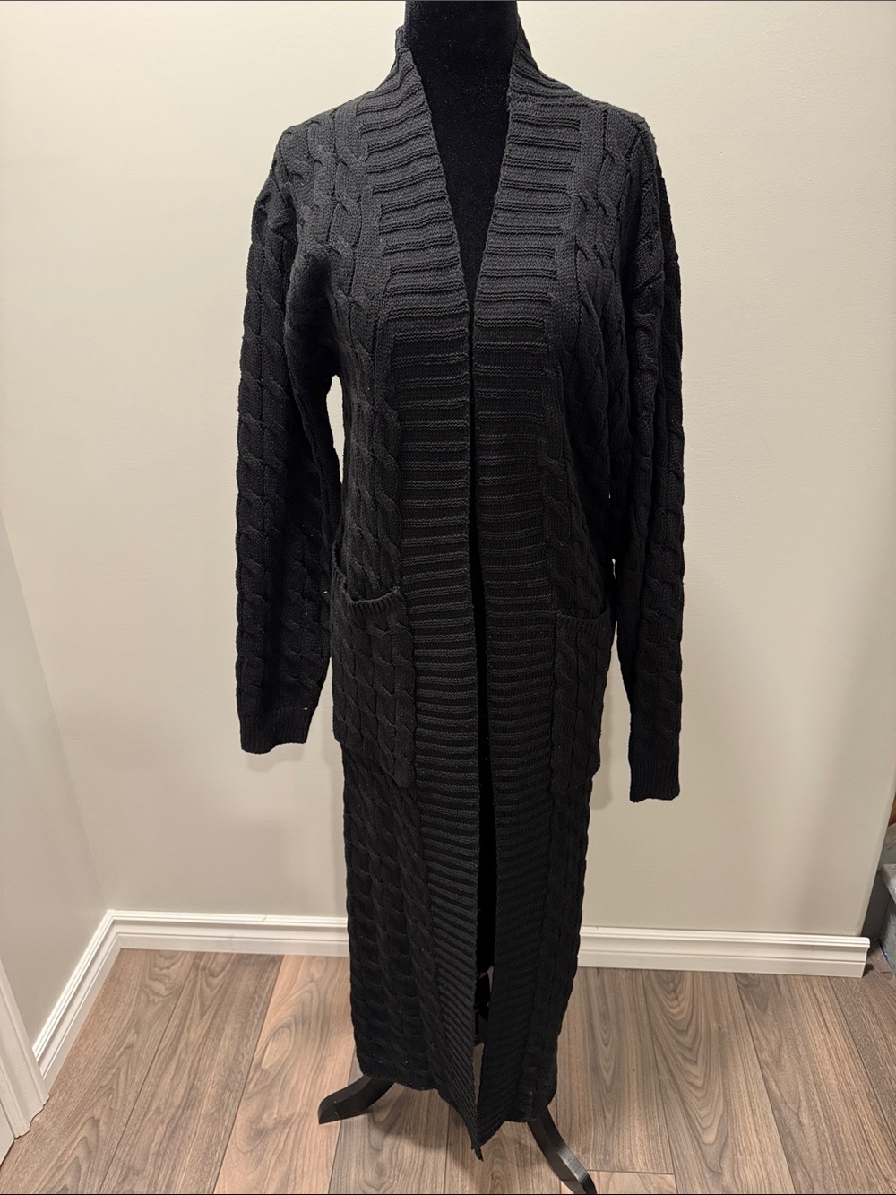 Long Open-Front Cable Knit Cardigan Sweater - Black